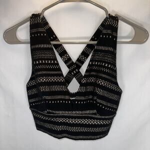 Express Women’s Metallic Crop Top Black Gold Geometric Pattern Size XS
